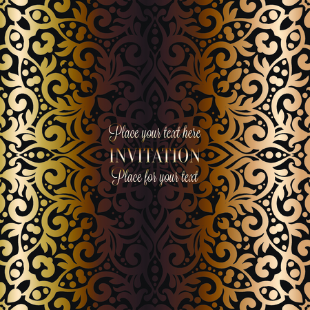 Gold Wedding Invitation card template design with damask pattern on background. Tradition decoration for wedding in baroque style.のイラスト素材