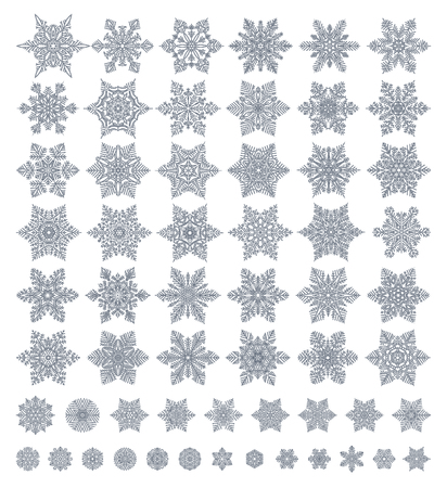 Cute snowflakes various types collection isolated on white background. Flat line snow icons, snow flakes silhouette. Nice element for christmas banner, cards. New year ornamentのイラスト素材
