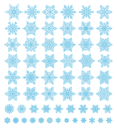 Cute snowflakes various types collection isolated on white background. Flat line snow icons, snow flakes silhouette. Nice element for christmas banner, cards. New year ornamentのイラスト素材