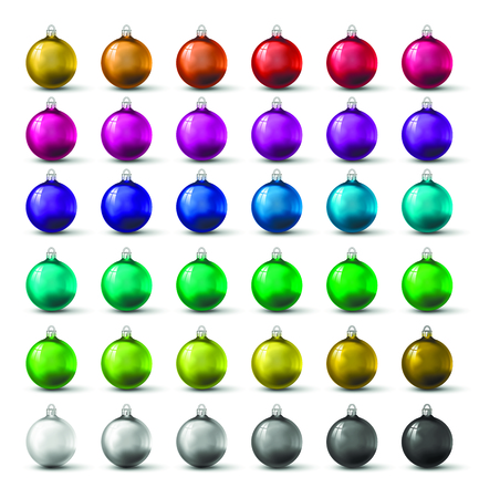 Christmas balls in different colors and shades. Photorealistic vector illustration for decorations, cards, banners.のイラスト素材