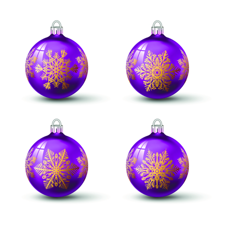 Lilac colored christmas balls with different snowflake ornament on it. Set of isolated realistic glass balls. Vector illustration for your design.のイラスト素材