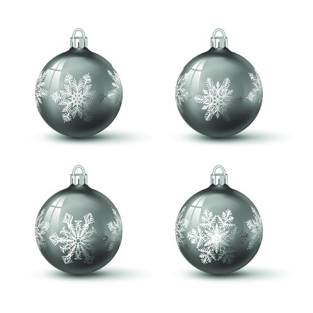 Gray chrome christmas balls with different snowflake ornament on it. Set of isolated realistic glass balls. Vector illustration for your design.のイラスト素材