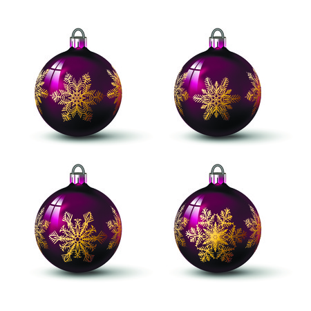 Purple colored christmas balls with different snowflake ornament on it. Set of isolated realistic glass balls. Vector illustration for your design.のイラスト素材