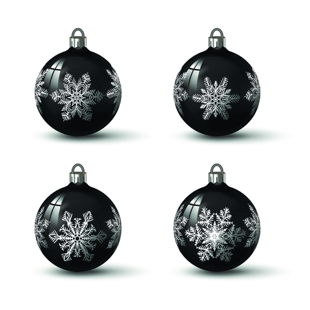 Black colored christmas balls with different snowflake ornament on it. Set of isolated realistic glass balls. Vector illustration for your design.のイラスト素材
