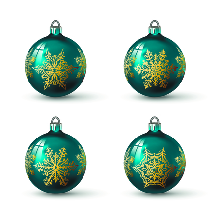 Blue turquoise colored christmas balls with different snowflake ornament on it. Set of isolated realistic glass balls. Vector illustration for your design.のイラスト素材