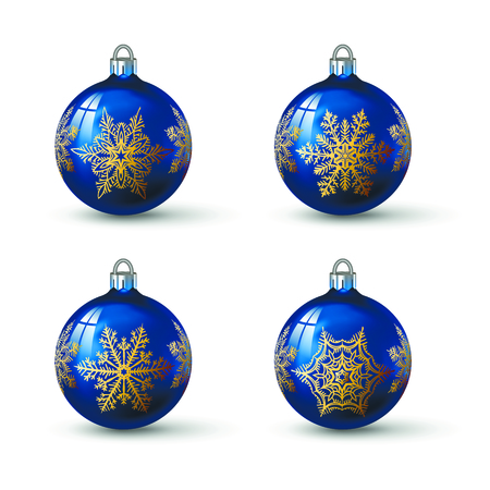 Blue colored christmas balls with different snowflake ornament on it. Set of isolated realistic glass balls. Vector illustration for your design.のイラスト素材