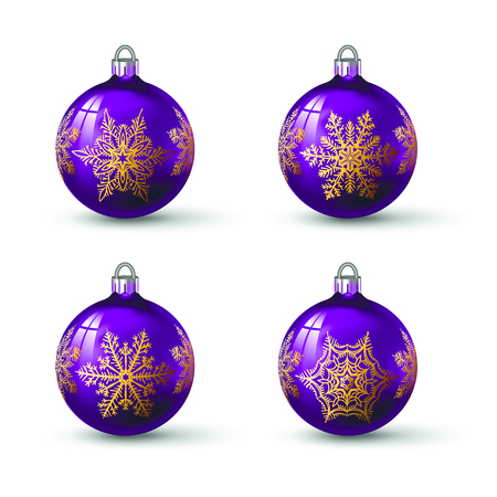 Lilac colored christmas balls with different snowflake ornament on it. Set of isolated realistic glass balls. Vector illustration for your design.のイラスト素材
