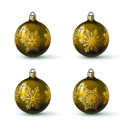 Brown colored christmas balls with different snowflake ornament on it. Set of isolated realistic glass balls. Vector illustration for your design.のイラスト素材