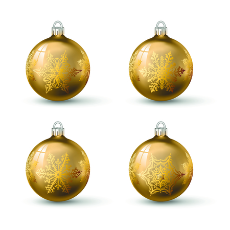 Golden christmas balls with different snowflake ornament on it. Set of isolated realistic glass balls. Vector illustration for your design.のイラスト素材