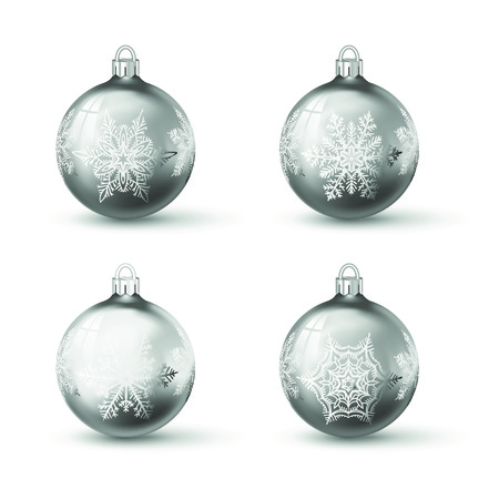 White chrome christmas balls with different snowflake ornament on it. Set of isolated realistic glass balls. Vector illustration for your design.のイラスト素材