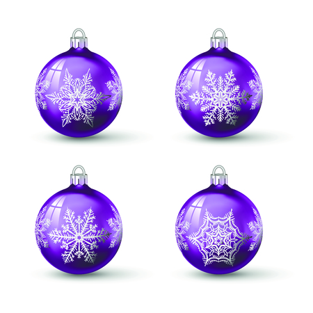 Lilac colored christmas balls with different snowflake ornament on it. Set of isolated realistic glass balls. Vector illustration for your design.のイラスト素材