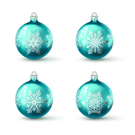 Blue and azure colored christmas balls with different snowflake ornament on it. Set of isolated realistic glass balls. Vector illustration for your design.のイラスト素材