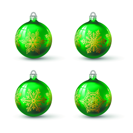 Green colored christmas balls with different snowflake ornament on it. Set of isolated realistic glass balls. Vector illustration for your design.のイラスト素材