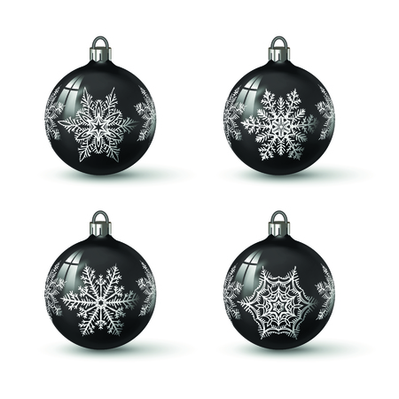 Black colored christmas balls with different snowflake ornament on it. Set of isolated realistic glass balls. Vector illustration for your design.のイラスト素材