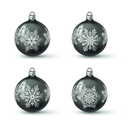 Black colored christmas balls with different snowflake ornament on it. Set of isolated realistic glass balls. Vector illustration for your design.のイラスト素材
