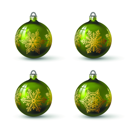 Olive green colored christmas balls with different snowflake ornament on it. Set of isolated realistic glass balls. Vector illustration for your design.のイラスト素材
