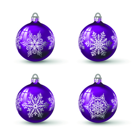 Lilac colored christmas balls with different snowflake ornament on it. Set of isolated realistic glass balls. Vector illustration for your design.のイラスト素材