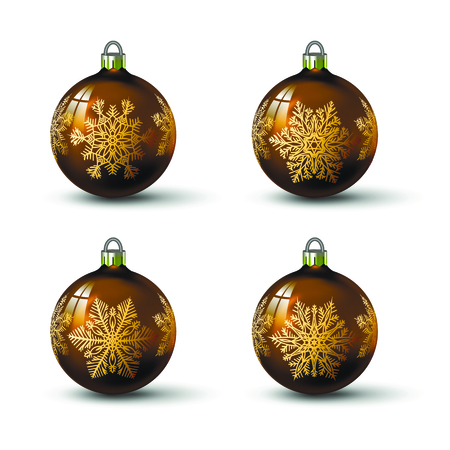 Brown colored christmas balls with different snowflake ornament on it. Set of isolated realistic glass balls. Vector illustration for your design.のイラスト素材