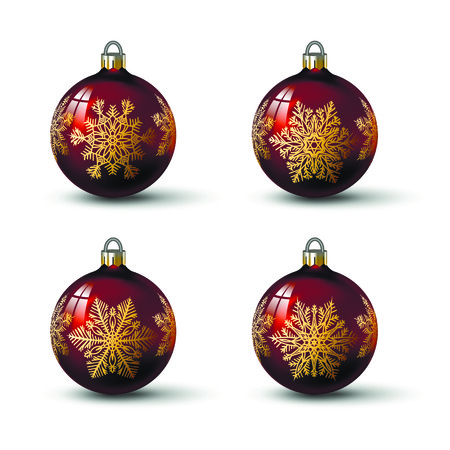 Brown colored christmas balls with different snowflake ornament on it. Set of isolated realistic glass balls. Vector illustration for your design.のイラスト素材
