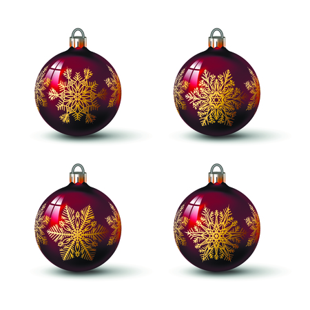 Red colored christmas balls with different snowflake ornament on it. Set of isolated realistic glass balls. Vector illustration for your design.のイラスト素材
