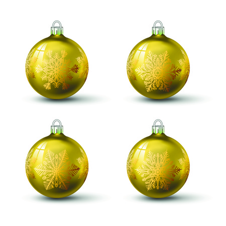 Golden christmas balls with different snowflake ornament on it. Set of isolated realistic glass balls. Vector illustration for your design.のイラスト素材
