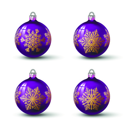 Lilac colored christmas balls with different snowflake ornament on it. Set of isolated realistic glass balls. Vector illustration for your design.のイラスト素材