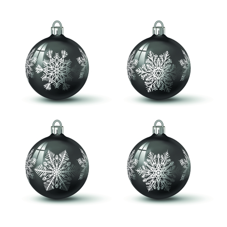 Black colored christmas balls with different snowflake ornament on it. Set of isolated realistic glass balls. Vector illustration for your design.のイラスト素材