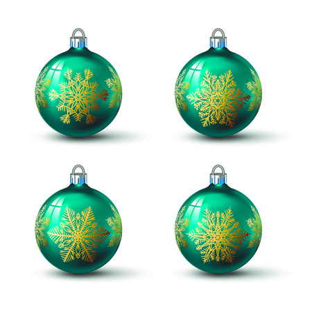 Blue turquoise colored christmas balls with different snowflake ornament on it. Set of isolated realistic glass balls. Vector illustration for your design.のイラスト素材