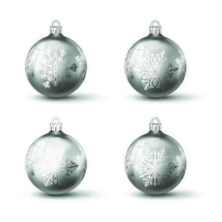 White chrome christmas balls with different snowflake ornament on it. Set of isolated realistic glass balls. Vector illustration for your design.のイラスト素材