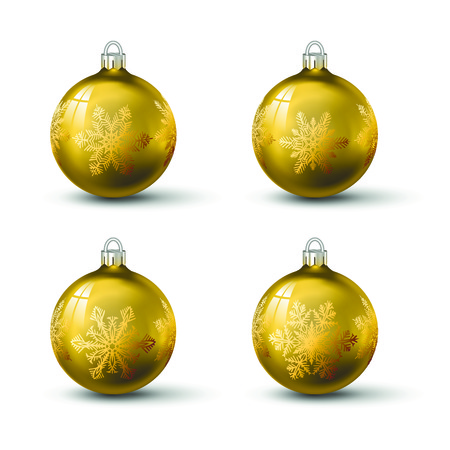 Golden christmas balls with different snowflake ornament on it. Set of isolated realistic glass balls. Vector illustration for your design.のイラスト素材