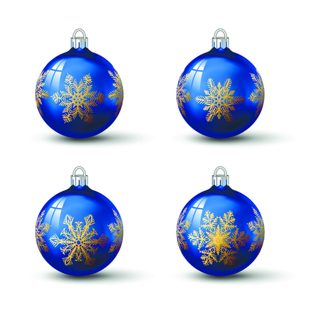 Blue colored christmas balls with different snowflake ornament on it. Set of isolated realistic glass balls. Vector illustration for your design.のイラスト素材