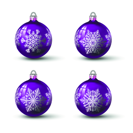 Purple colored christmas balls with different snowflake ornament on it. Set of isolated realistic glass balls. Vector illustration for your design.のイラスト素材
