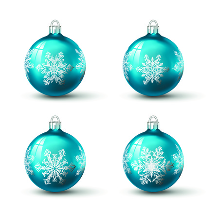 Blue and azure colored christmas balls with different snowflake ornament on it. Set of isolated realistic glass balls. Vector illustration for your design.のイラスト素材