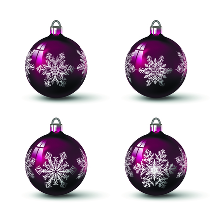 Purple colored christmas balls with different snowflake ornament on it. Set of isolated realistic glass balls. Vector illustration for your design.のイラスト素材
