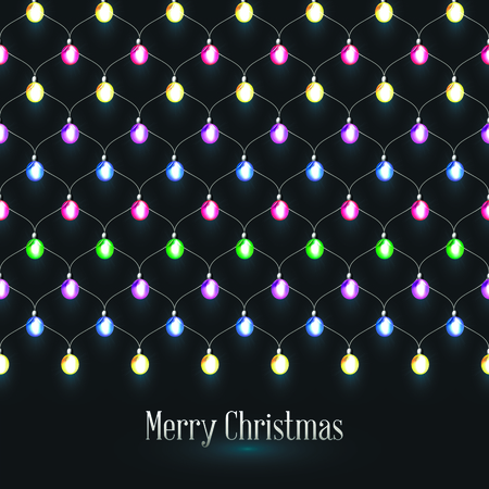 Colorful garlands on dark background, christmas lights, vector illustration with text.のイラスト素材