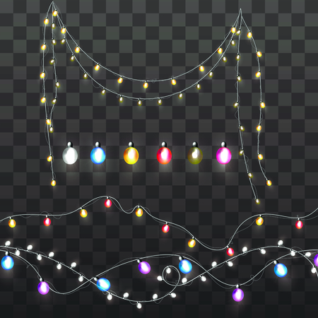Colorful garlands on dark background, christmas lights, vector illustration with usable lements for your design.のイラスト素材