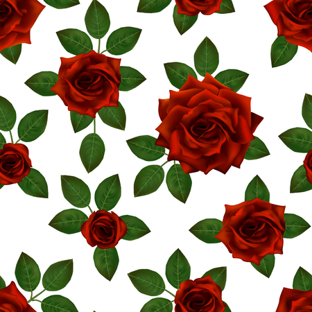 Seamless pattern with red roses. Beautiful realistic flowers with leaves. Photorealixtic rose bud, clean vector high detailed result .のイラスト素材
