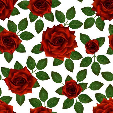 Seamless pattern with red roses. Beautiful realistic flowers with leaves. Photorealixtic rose bud, clean vector high detailed result .のイラスト素材