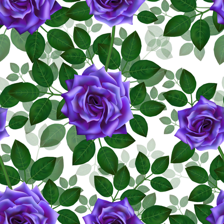 Seamless pattern with blue roses. Beautiful realistic flowers with leaves. Photorealixtic rose bud, clean vector high detailed result.のイラスト素材
