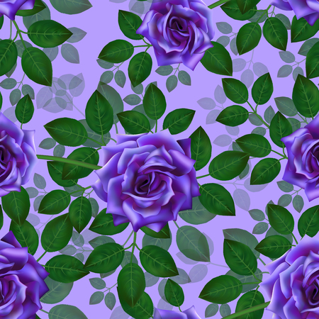Seamless pattern with blue roses. Beautiful realistic flowers with leaves. Photorealixtic rose bud, clean vector high detailed result.のイラスト素材