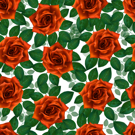 Seamless pattern with orange roses. Beautiful realistic flowers with leaves. Photorealixtic rose bud, clean vector high detailed result.のイラスト素材