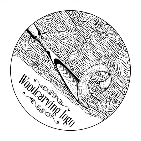 Woodcarving logotype Illustration with a chisel, cutting a wood slice, vintage style logo, black and white isolated engraving.のイラスト素材