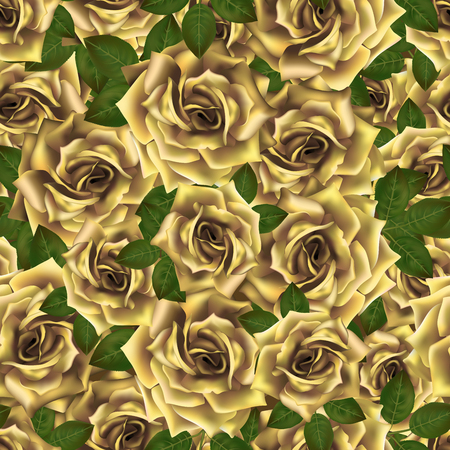 Seamless pattern with yellow roses. Beautiful realistic flowers with leaves. Photorealixtic rose bud, clean vector high detailed result.のイラスト素材