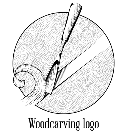 Woodcarving logotype Illustration with a chisel, cutting a wood slice, vintage style logo, black and white isolated engraving.のイラスト素材