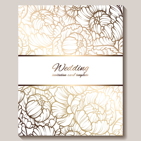 Antique royal luxury wedding invitation, gold on beige background with frame and place for text, lacy foliage made of roses or peonies with shiny gradient.のイラスト素材