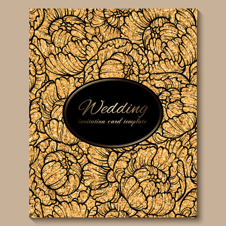 Antique royal luxury wedding invitation card, golden glitter background with frame and place for text, black lacy foliage made of roses or peonies .のイラスト素材