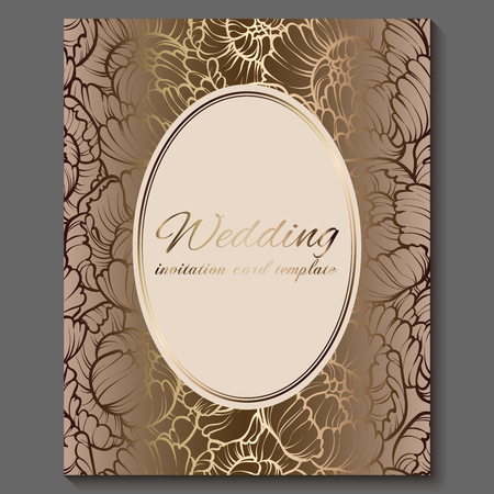 Antique royal luxury wedding invitation, gold on white background with frame and place for text, lacy foliage made of roses or peonies with shiny gradient.のイラスト素材