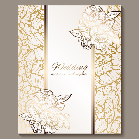 Antique royal luxury wedding invitation, gold on white background with frame and place for text, lacy foliage made of roses or peonies with shiny gradient.のイラスト素材