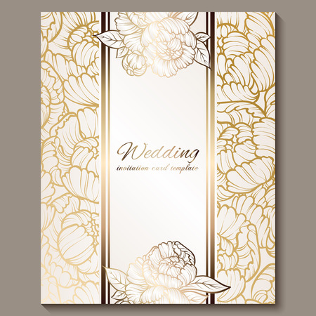 Antique royal luxury wedding invitation, gold on white background with frame and place for text, lacy foliage made of roses or peonies with shiny gradient.のイラスト素材