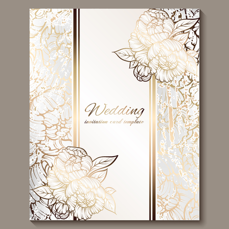 Antique royal luxury wedding invitation, gold on white background with frame and place for text, lacy foliage made of roses or peonies with shiny gradient.のイラスト素材